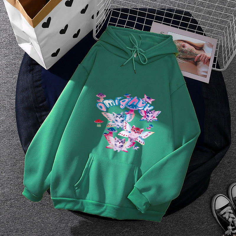 Sweat à capuche pour femmes avec un imprimé ludique de chat et de papillon et poche kangourou Echo Archiv
