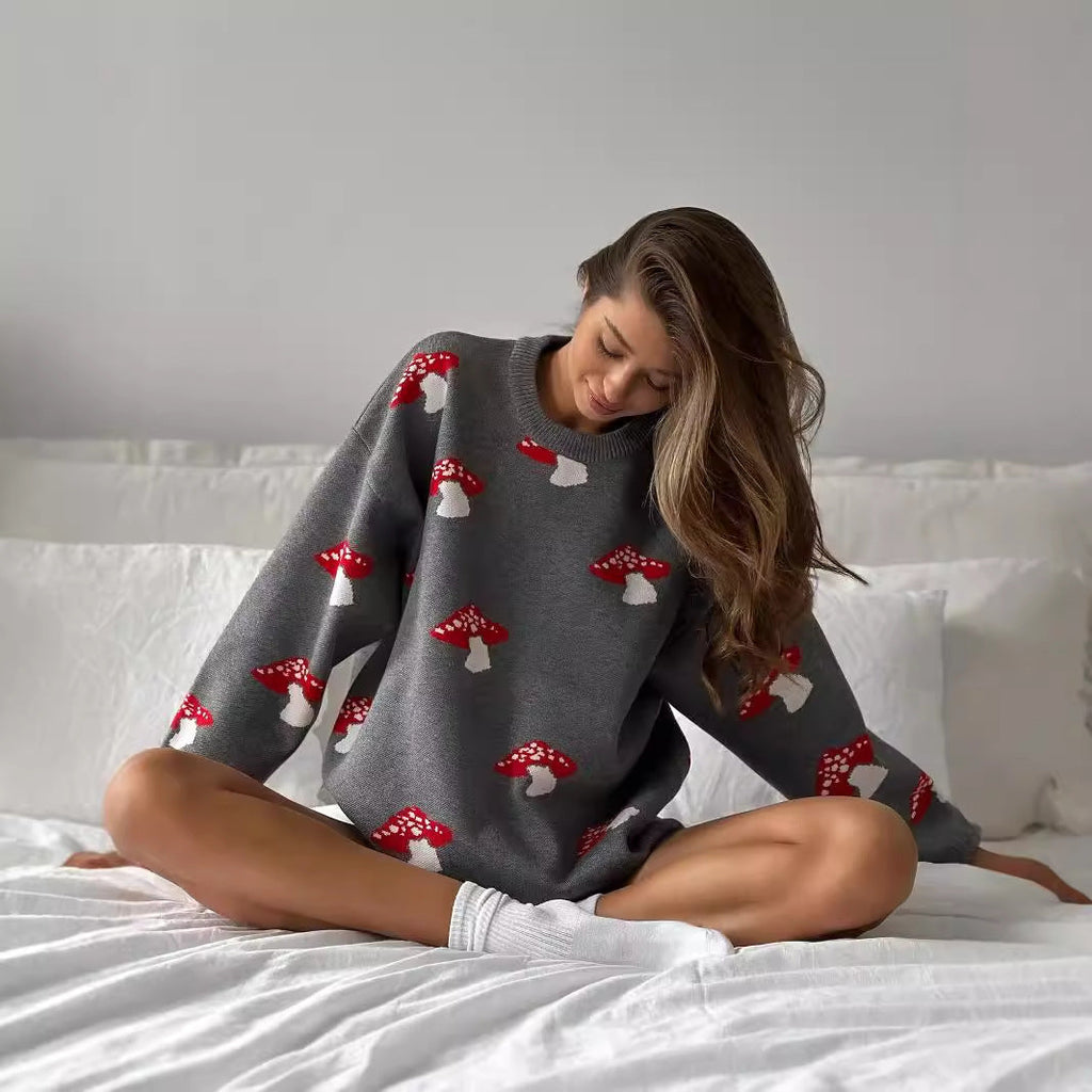 Pull en tricot pour femmes avec motif de champignon, encolure ronde, bords côtelés, Echo Archive