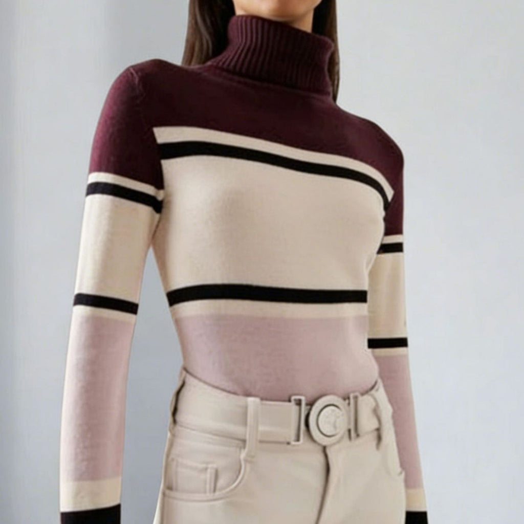 Robe en tricot à col roulé long pour femmes avec motif étoile, rayures bloc et bord-côte élastique