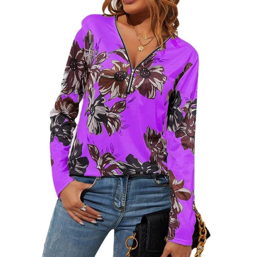 T-shirt à manches longues pour femmes avec fermeture éclair en V et grand motif floral Echoarchiv