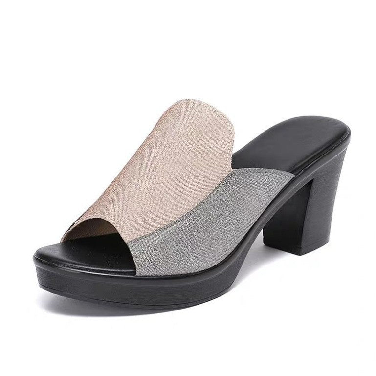 Mules à talon compensé pour femmes avec un matériau scintillant et un talon bloc confortable R&B