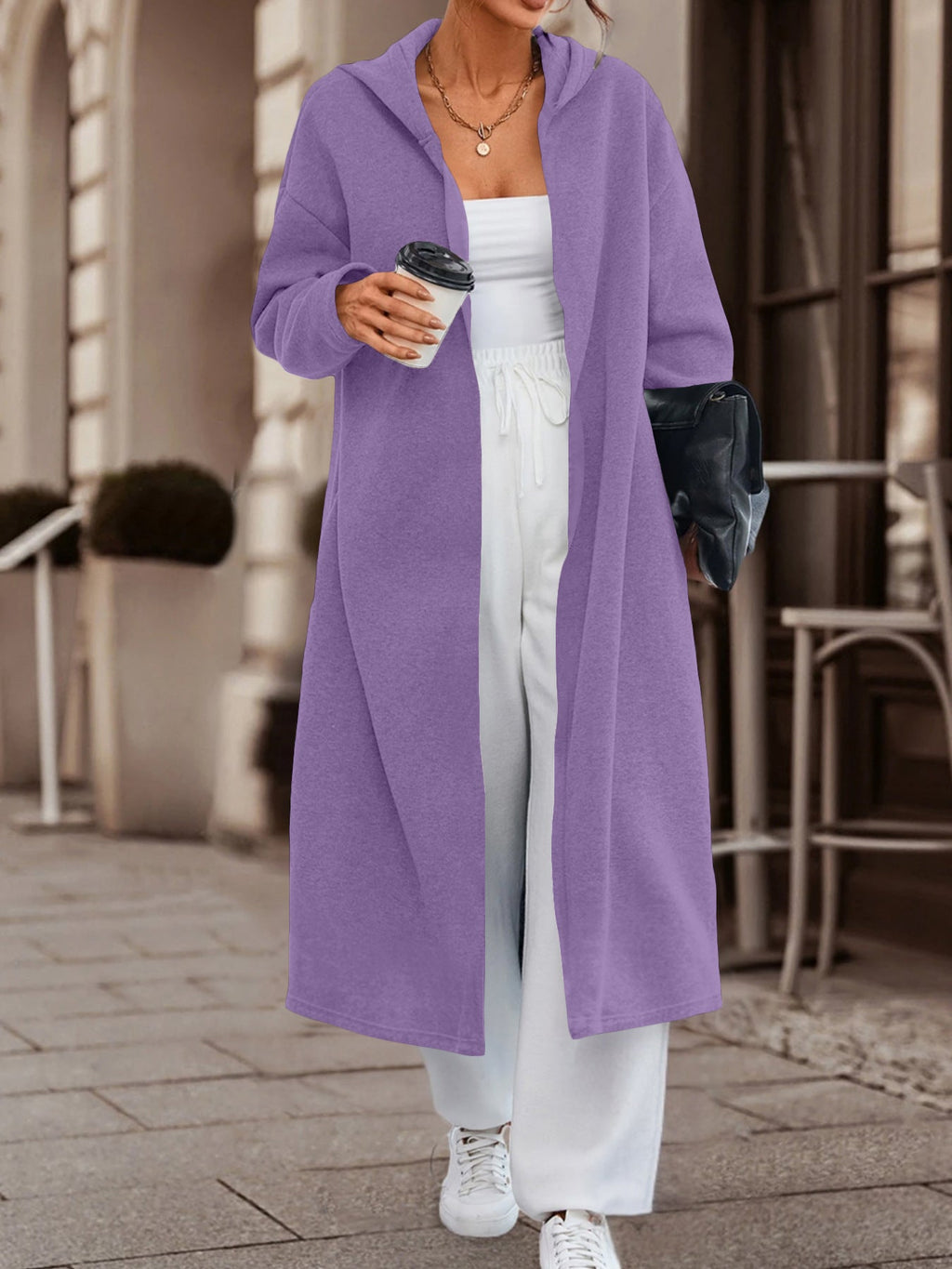 Manteau long oversize à capuche pour femmes avec devant ouvert et doux en polaire Echoarchiv
