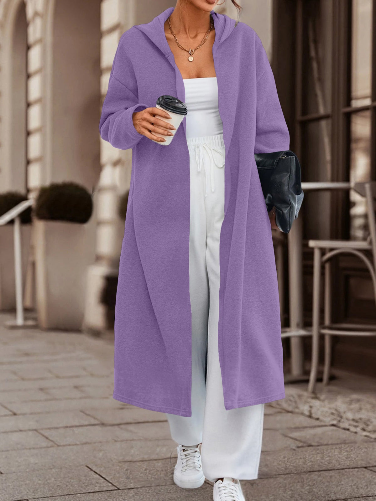 Manteau long oversize à capuche pour femmes avec devant ouvert et doux en polaire Echoarchiv