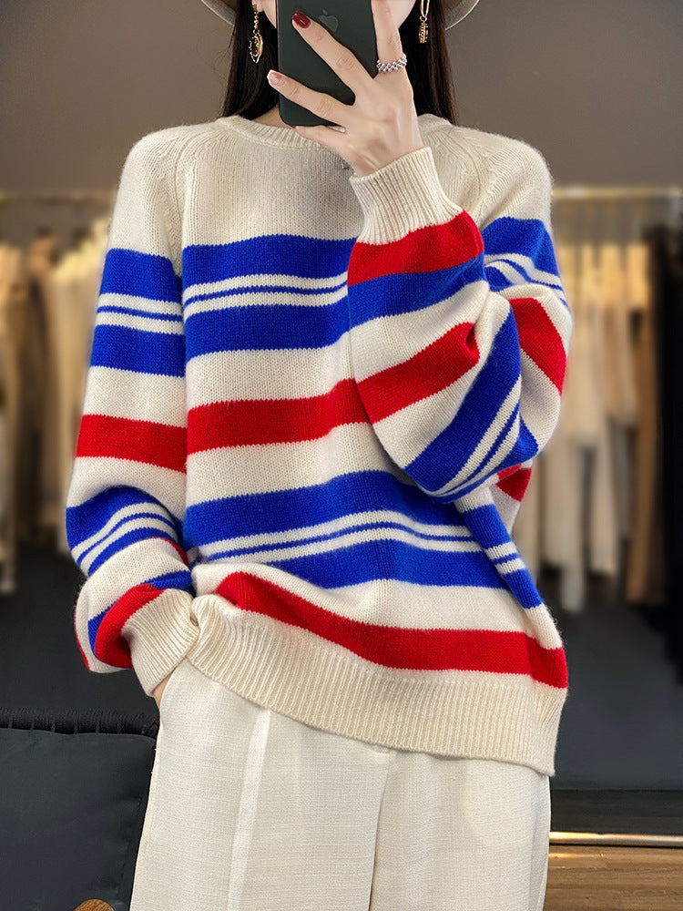 Pull oversized pour femmes avec rayures et col rond