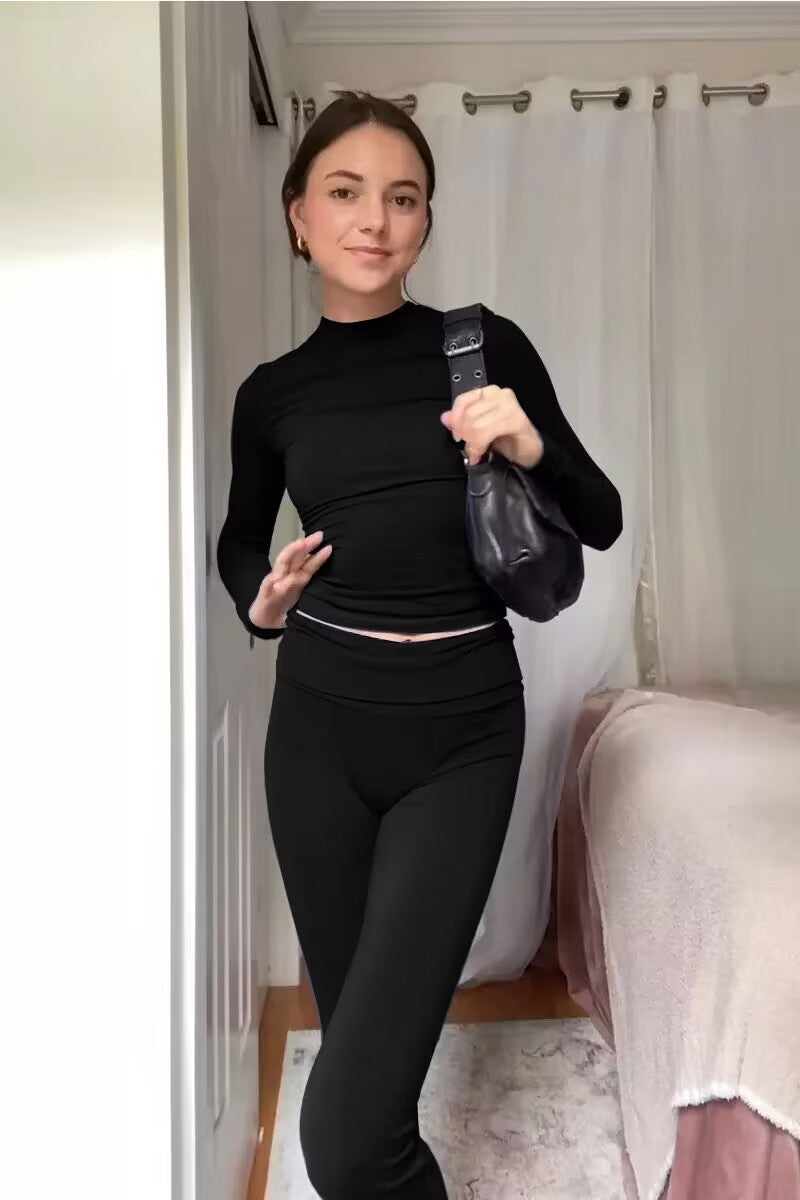 Ensemble Top Court à Manches Longues Ajusté et Leggings Taille Haute en Jersey Fonctionnel Echoarchiv