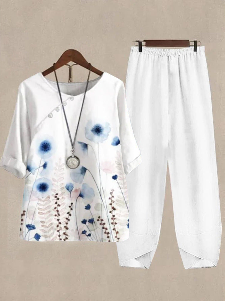 Haut de loisirs pour femmes avec motif floral et pantalon confortable R&B