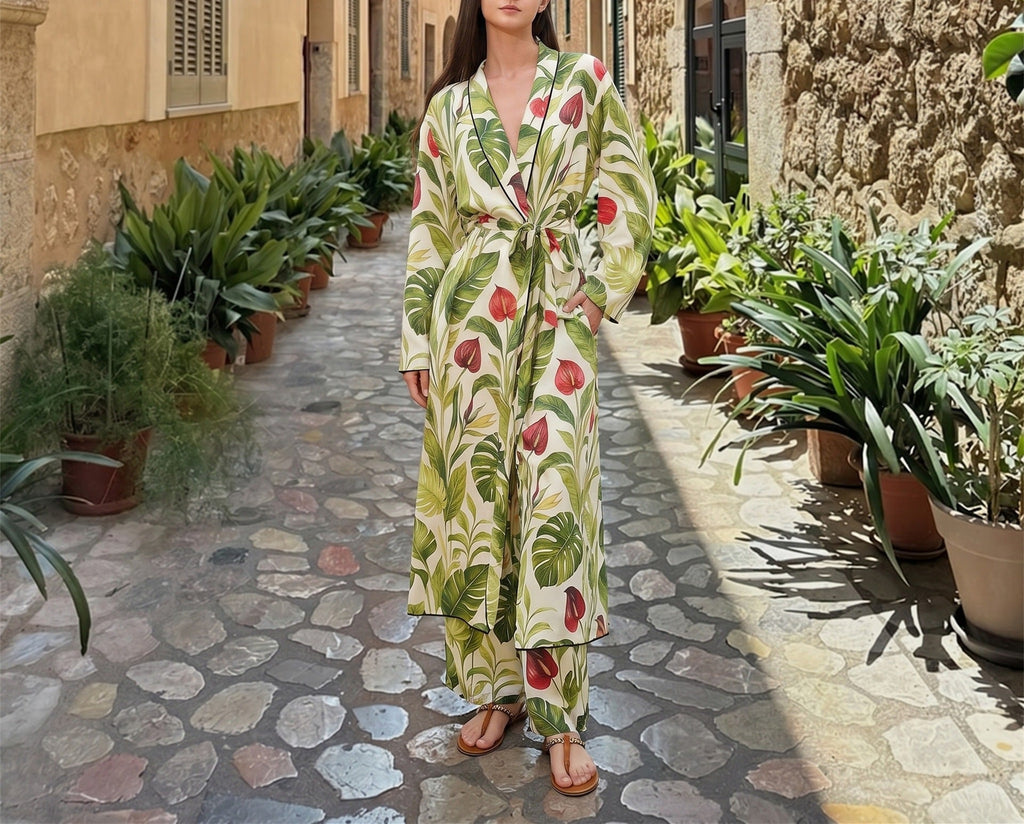 Manteau Kimono Long pour Femmes avec Ceinture à la Taille et Pantalon Palazzo Ample en Imprimé Tropical Echoarchiv