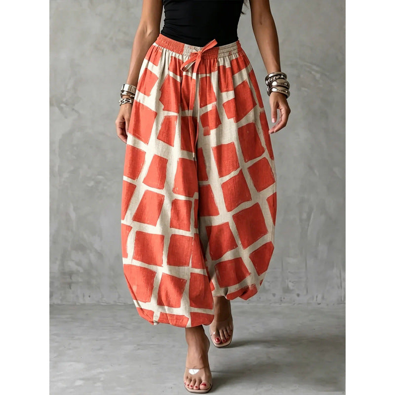 Pantalon Harem Femme Large en Style Ballon avec Taille Élastique et Motif Graphique Echoarchiv