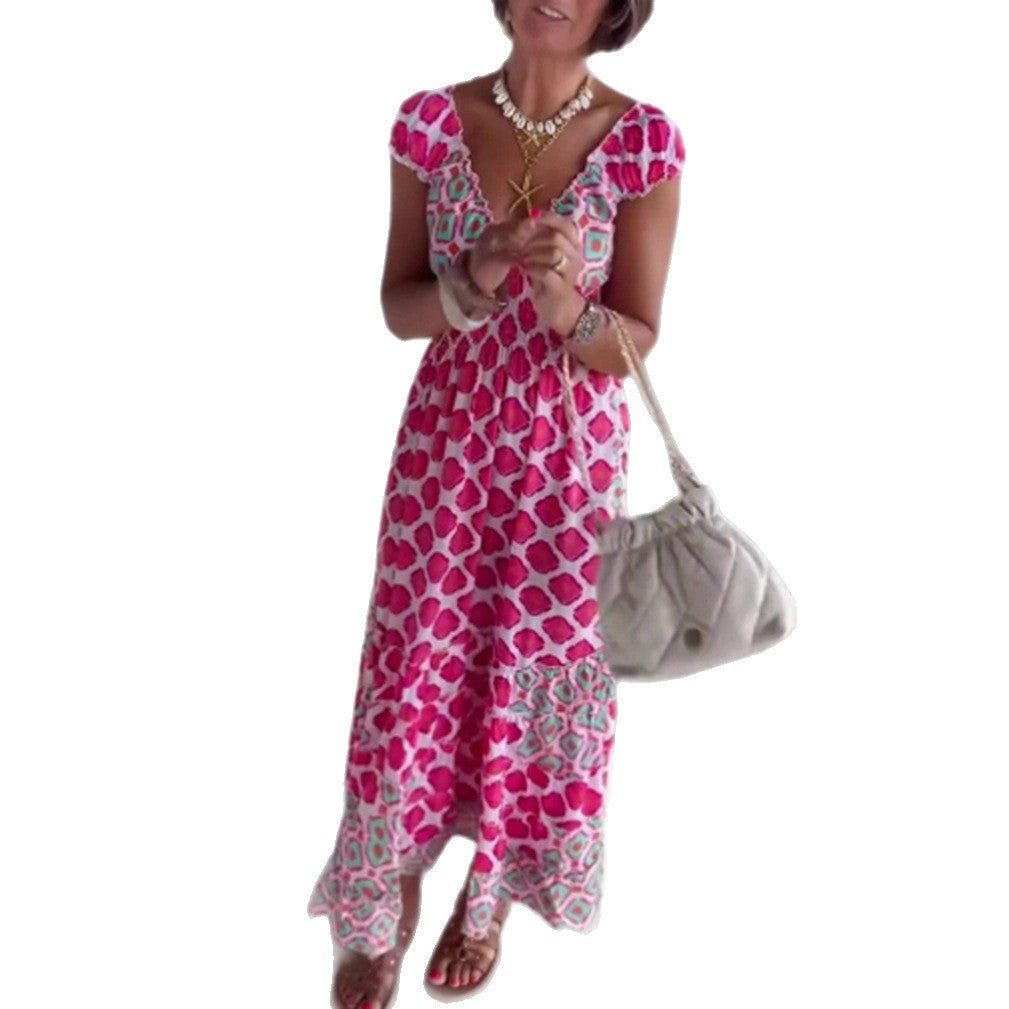 Robe à volants d'été pour femmes avec un haut smocké, décolleté en V et manches bouffantes R&B
