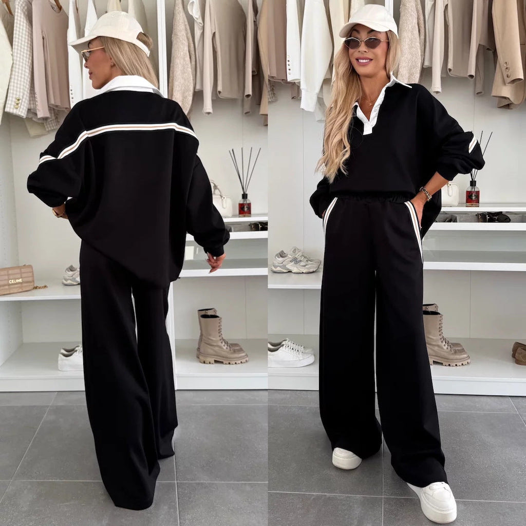 Ensemble de détente féminin à la mode avec col polo, bandes de passepoil marquantes et pantalon jogger large