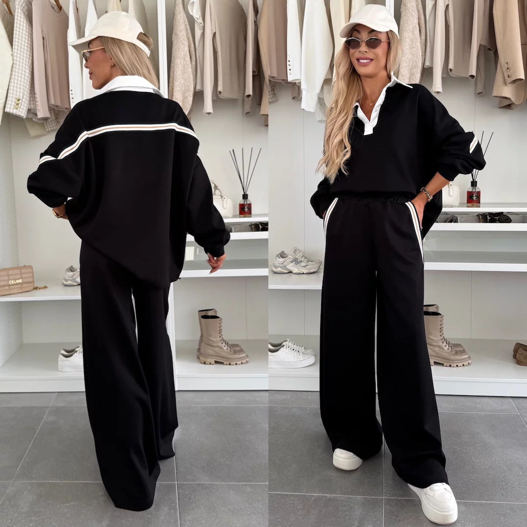 Ensemble de détente féminin à la mode avec col polo, bandes de passepoil marquantes et pantalon jogger large