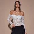 Top en dentelle semi-transparent sans épaules pour femmes avec décolleté Carmen, fronces au niveau du bustier et manches longues R&B