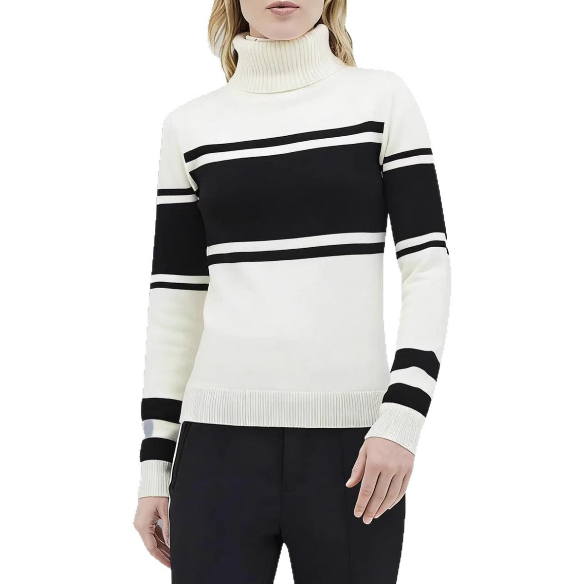 Robe en tricot à col roulé long pour femmes avec motif étoile, rayures bloc et bord-côte élastique