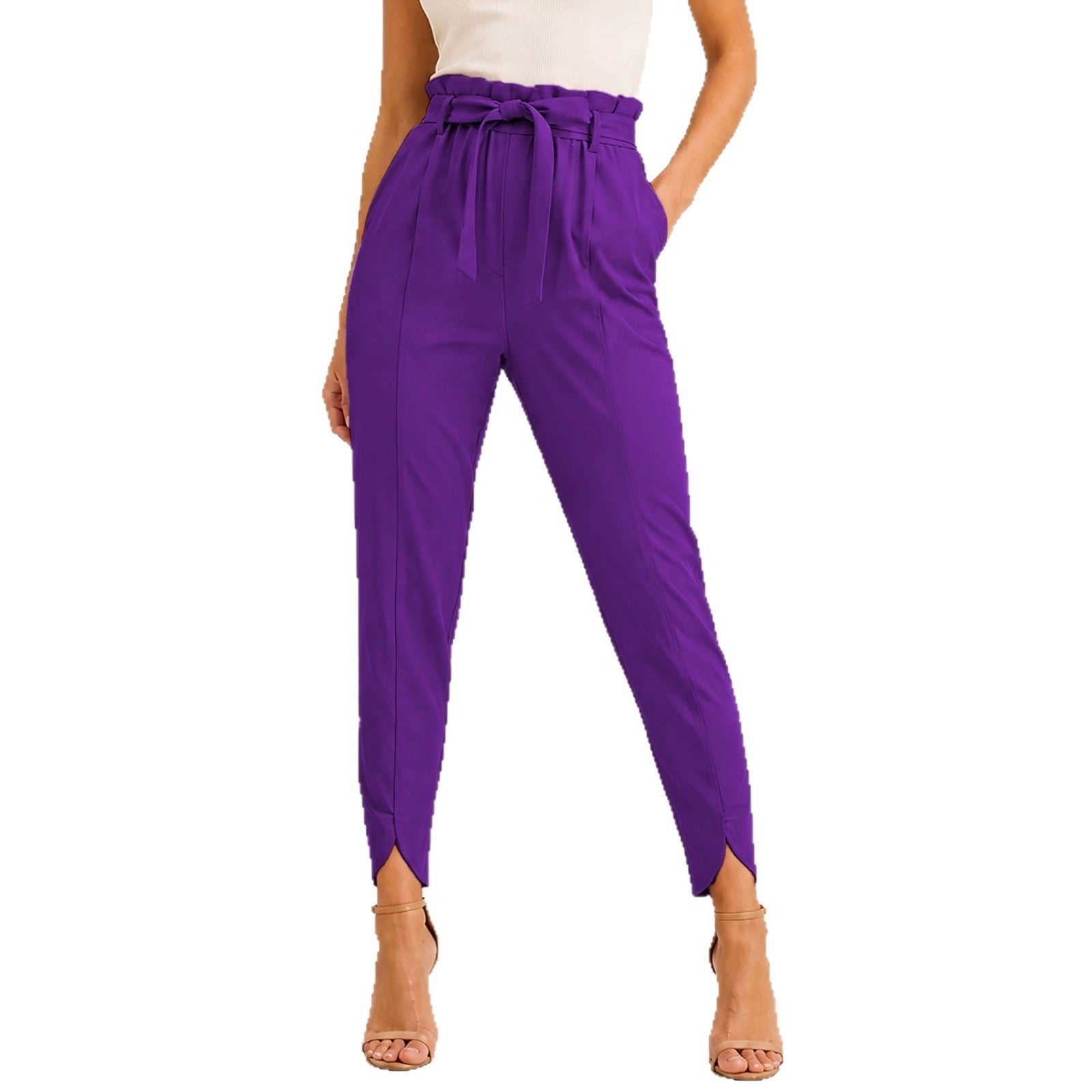 Pantalon paperbag taille haute pour femmes avec ceinture à nouer et finition cheville fendue Echo Archiv