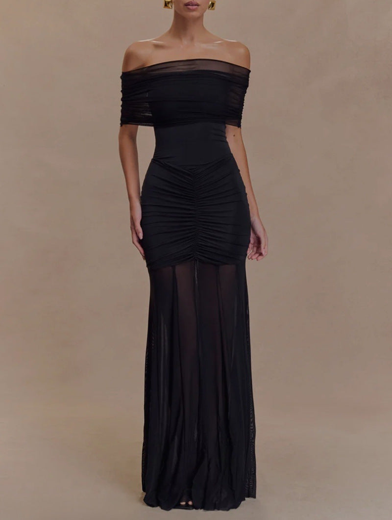 Robe de soirée sans épaules pour femmes avec sous-robe en jersey ajustée et jupe en chiffon transparent R&B