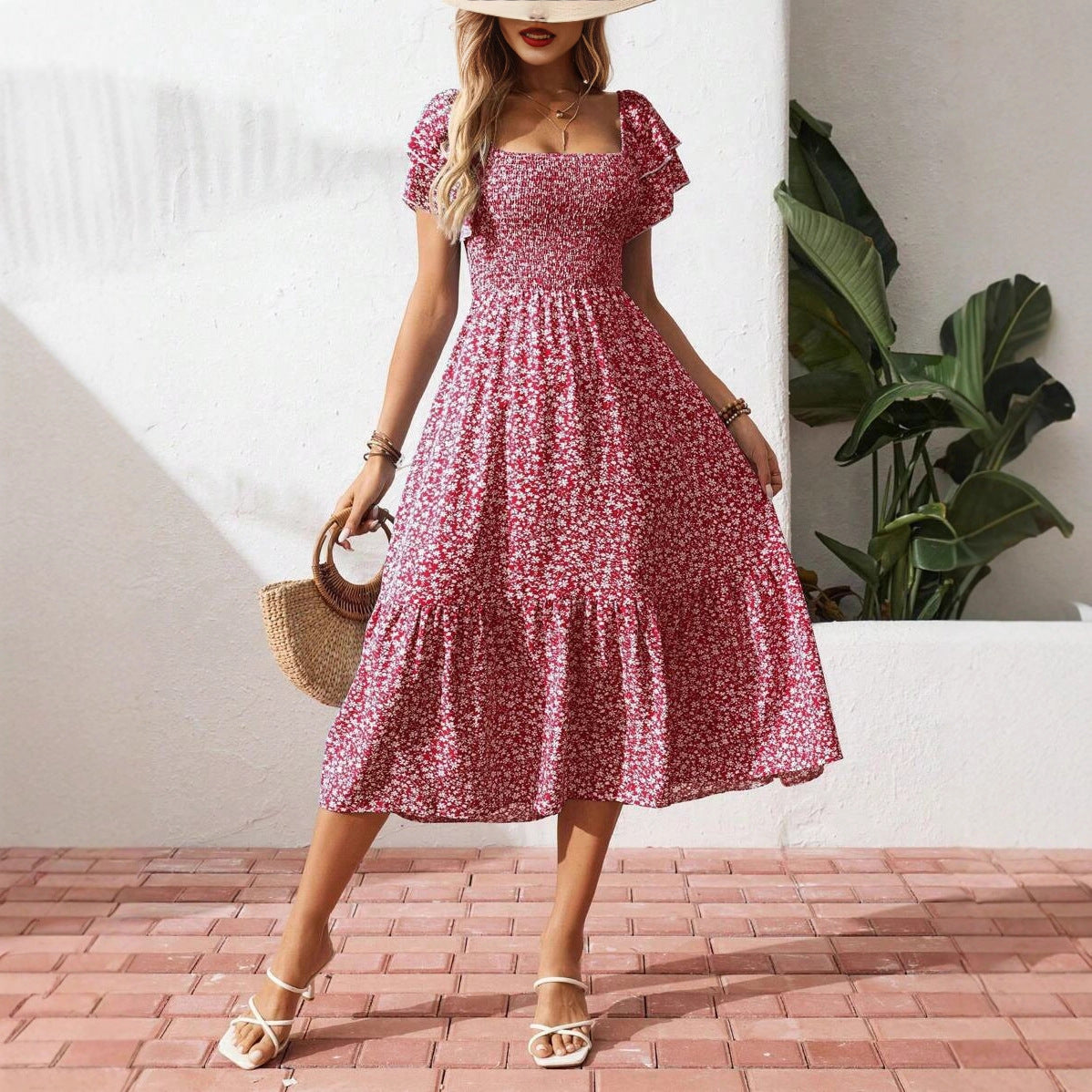 Robe Maxi Off-Shoulder pour Femmes avec Motifs Floraux et Haut Élastique R&B