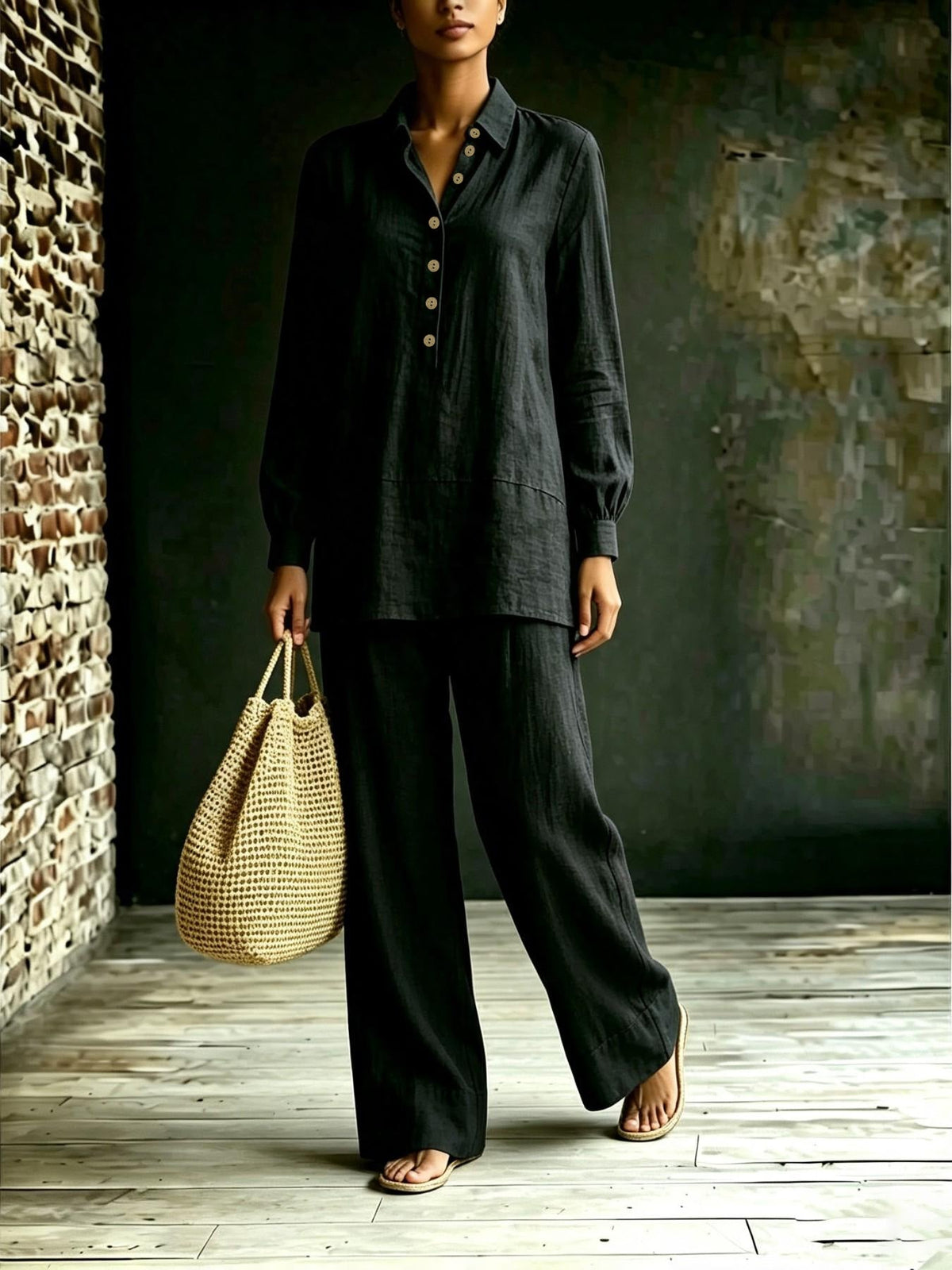 Ensemble tunique-pantalon pour femmes en aspect lin avec col chemise et coupe ample Echoarchiv