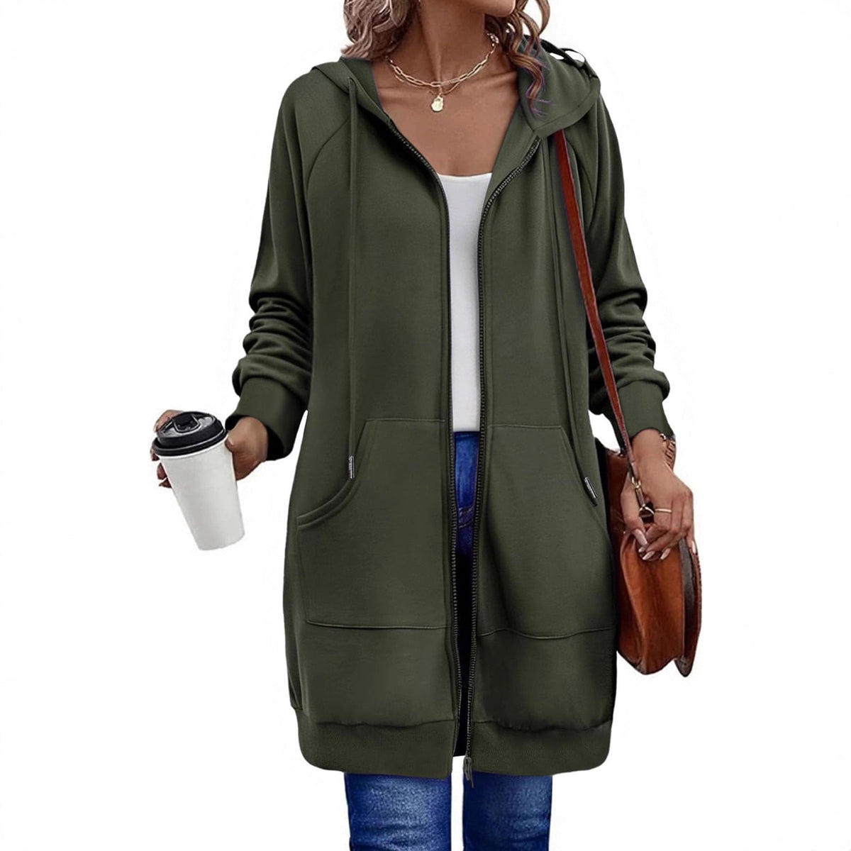 Sweat à capuche zippé long pour femmes avec silhouette oversize, poches kangourou et bords côtelés Echoarchiv