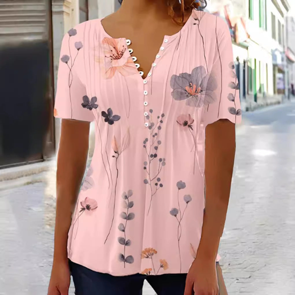 Tunique en viscose légère pour femmes avec plis décoratifs, patte de boutonnage partielle et imprimé fleurs aquarelle R&B