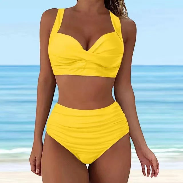 Ensemble de bikini taille haute pour femmes avec un élégant effet plissé R&B