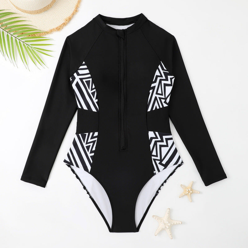 Maillot de bain femme Rashguard avec fermeture éclair et design géométrique R&B