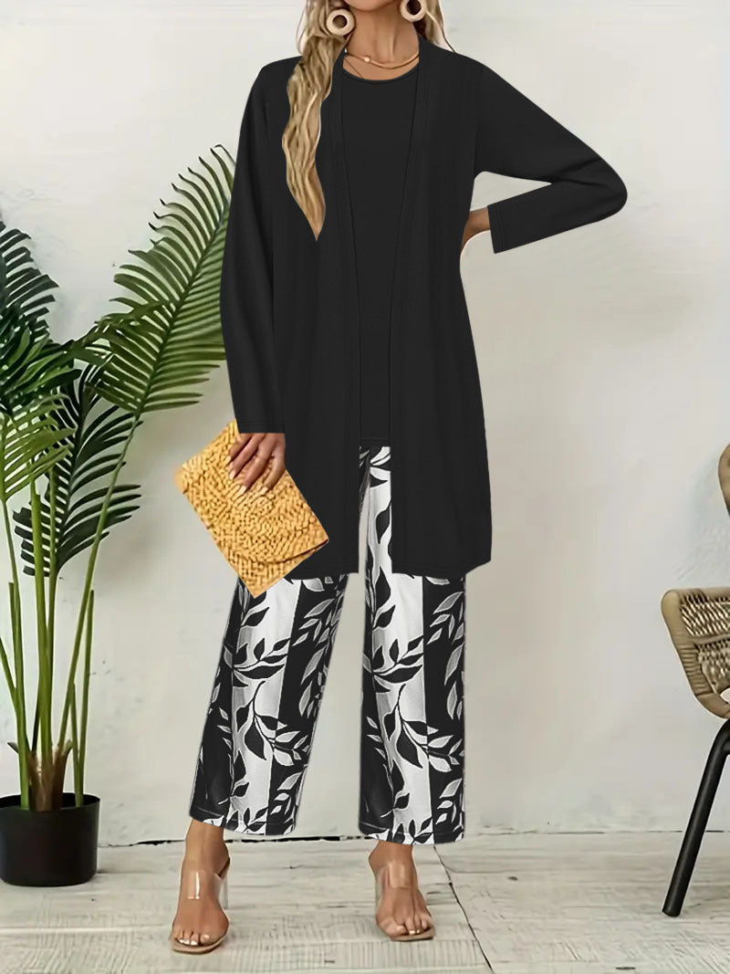 Cardigan long ouvert en maille fine pour femmes avec ourlet droit et pantalon palazzo à imprimé feuillage Set Echoarchiv