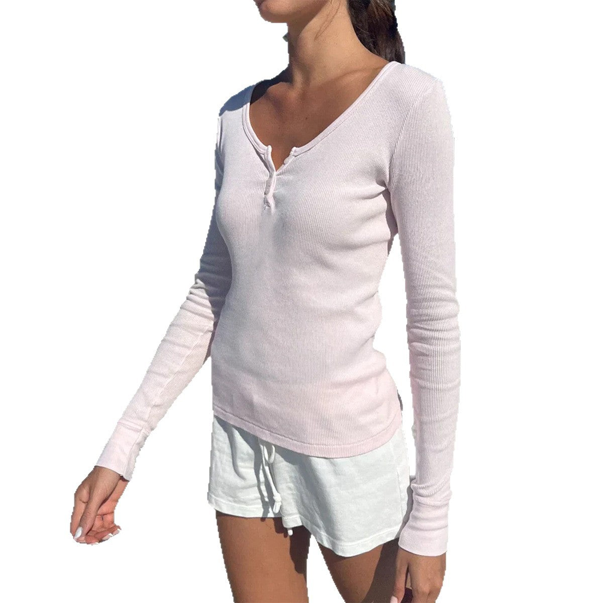 T-shirt Henley à manches longues cintré pour femmes avec décolleté en U profond, fine texture en côtes et patte de boutonnage décorative Echo Archiv