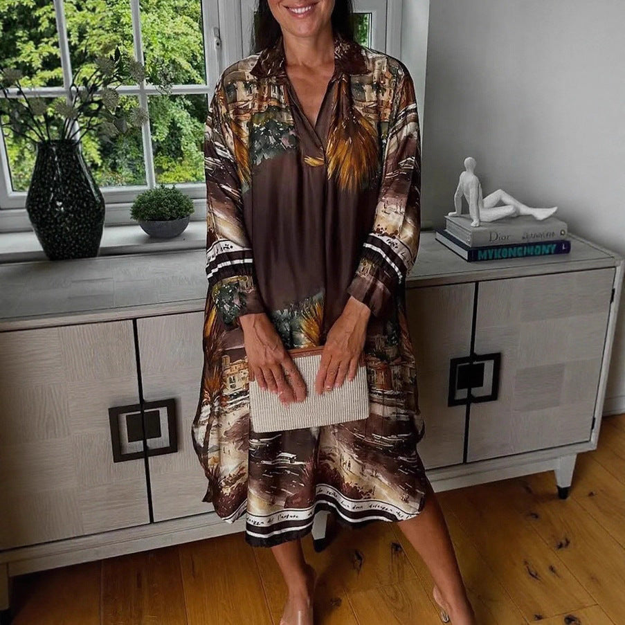 Robe chemise en aspect soie pour femmes au style caftan avec imprimé côtier illustratif R&B
