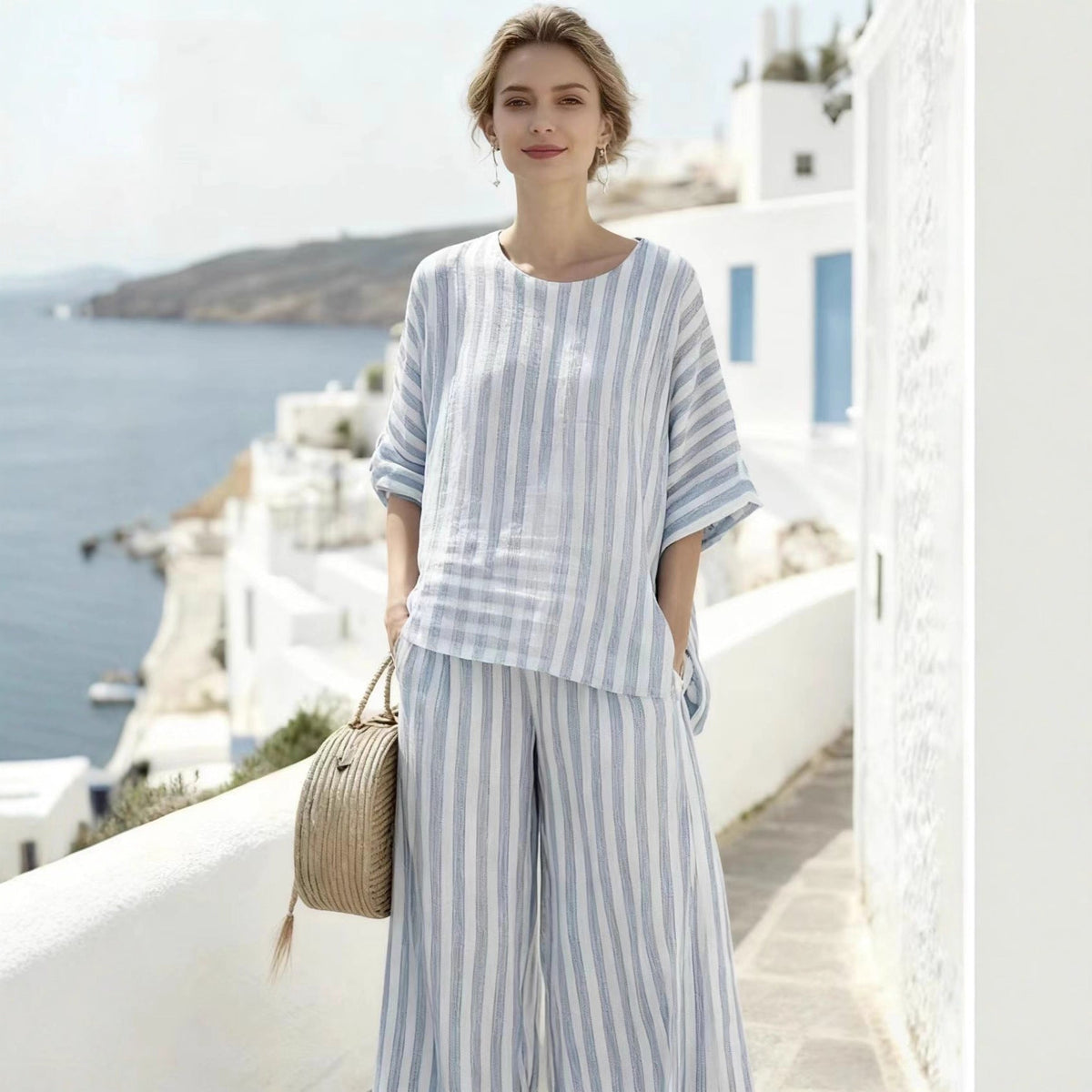 Ensemble de lounge en lin à rayures pour femmes, composé d'une blouse oversize et d'un palazzo taille haute