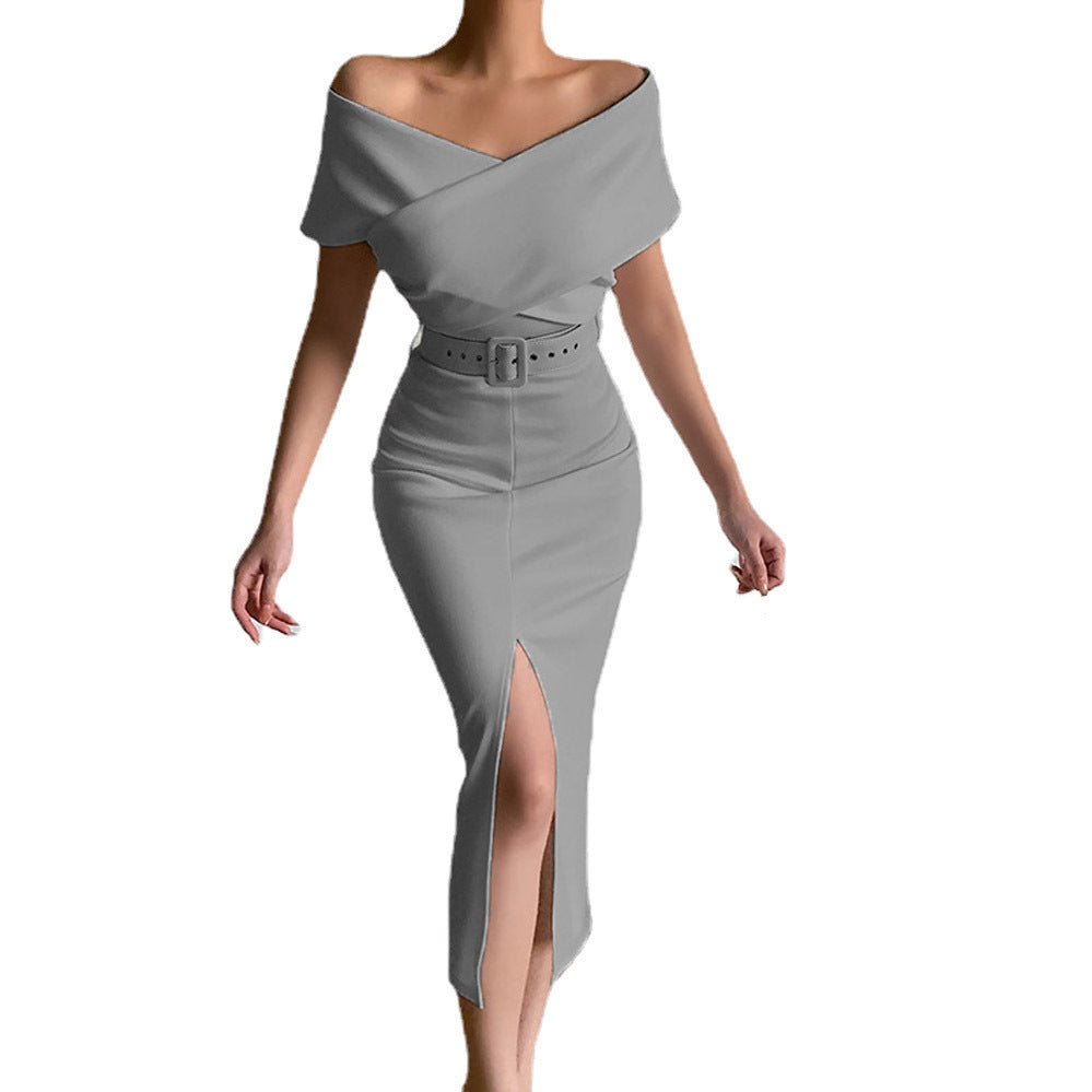 Robe Maxi Off-Shoulder pour Femme avec Ceinture à la Taille et Fente Latérale R&B