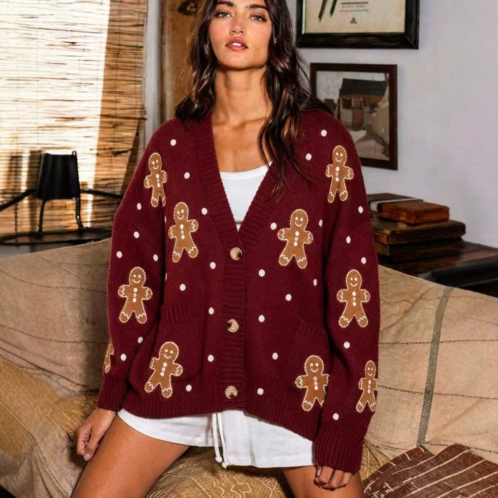 Cardigan en tricot oversized pour femmes avec broderie de pain d'épice et décolleté en V profond Echo Archiv
