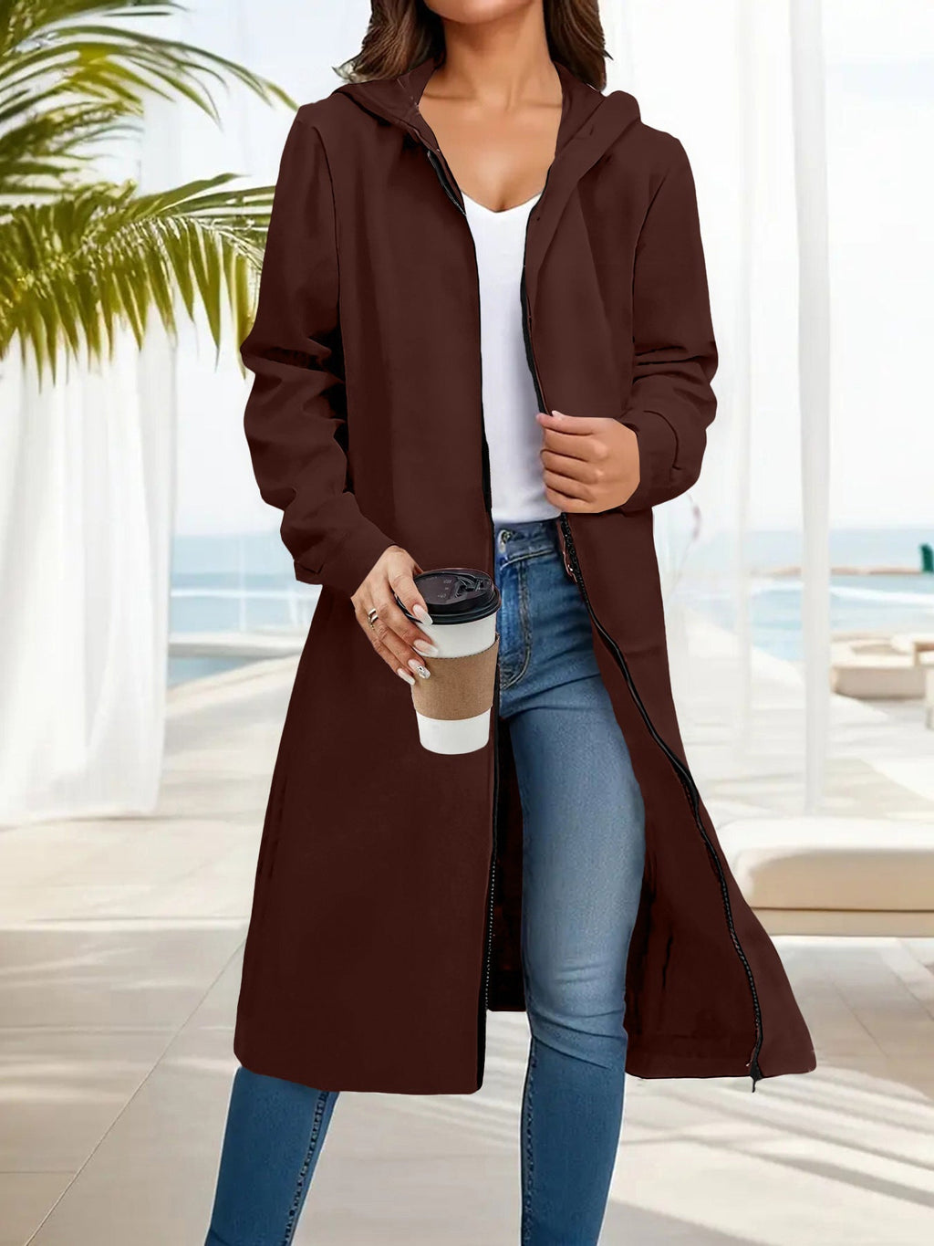 Manteau long à capuche pour femmes avec fermeture éclair intégrale et coupe A décontractée Echoarchiv