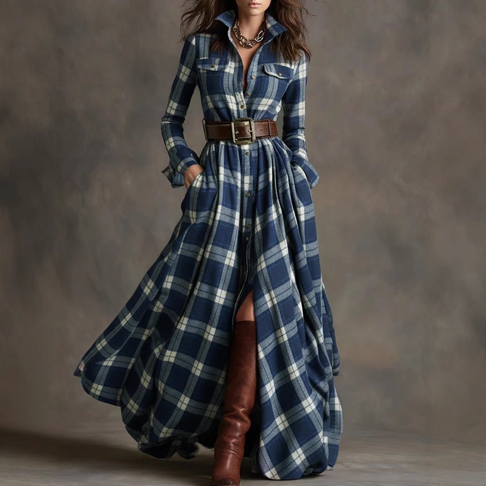 Robe Maxi à Carreaux pour Femmes avec Haut de Chemise, Taille Cintrée et Poches Latérales Echoarchiv