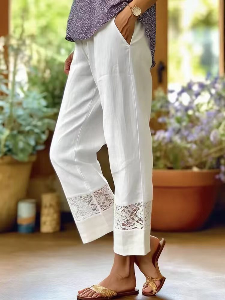 Pantalon léger en lin pour femmes avec accents en dentelle R&B