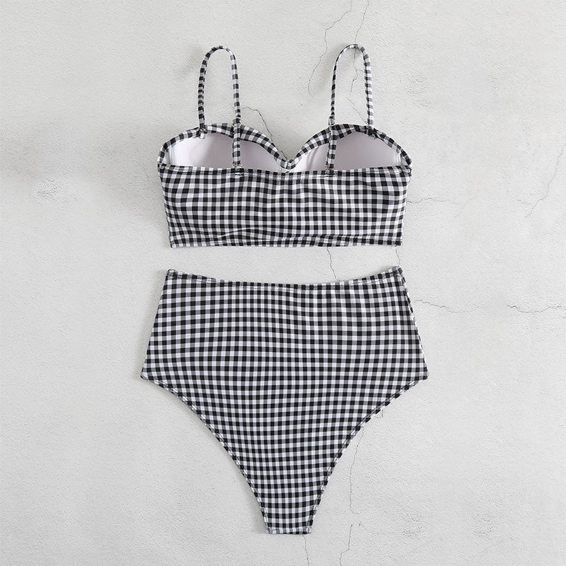 Bikini à taille haute à carreaux pour femmes avec haut rembourré R&B