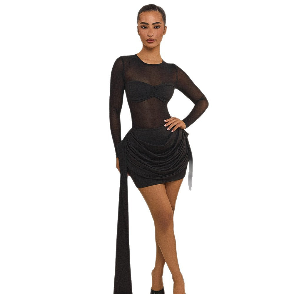 Robe portefeuille pour femmes avec manches transparentes et élégante fronce R&B