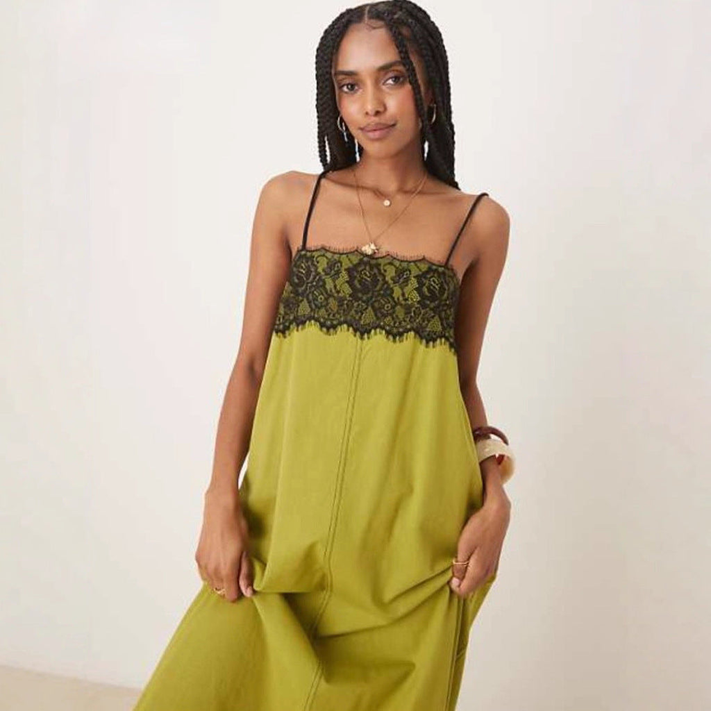 Robe maxi inspirée de la lingerie de nuit pour femmes avec bustier en dentelle et fines bretelles spaghetti R&B