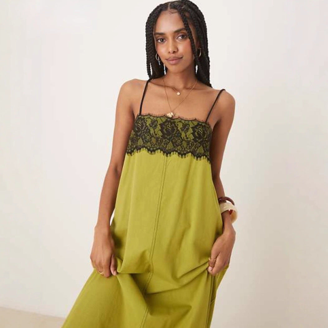 Robe maxi inspirée de la lingerie de nuit pour femmes avec bustier en dentelle et fines bretelles spaghetti R&B