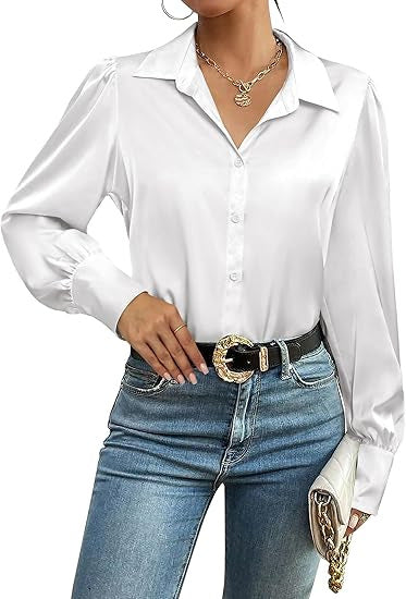 Blouse en satin pour femmes avec col chemise, patte de boutonnage cachée et manches longues