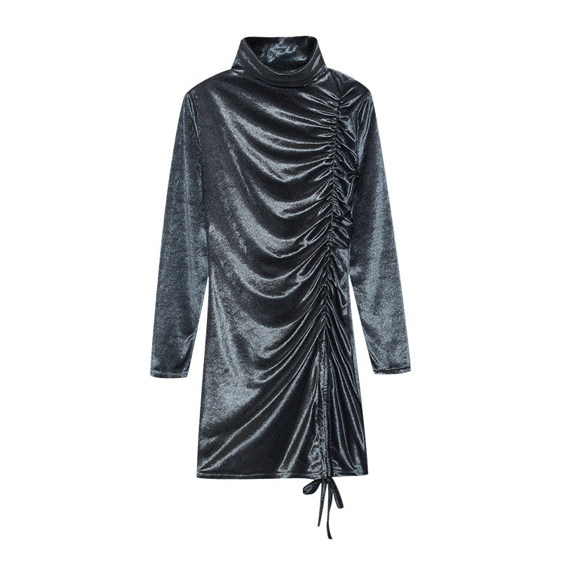 Robe Minijupe Bodycon Femme avec Col Montant et Drapé Latéral