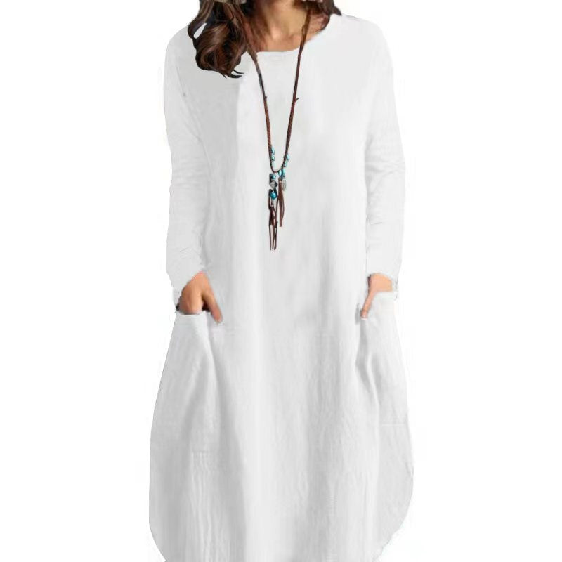 Robe longue en lin à coupe A pour femmes avec poches et col rond Echoarchiv