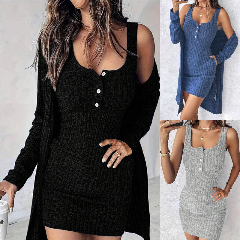 Ensemble Twinset en Tricot Rippé pour Femmes avec Robe Tricot Épousant les Formes et Cardigan Long Ouvert Echoarchiv