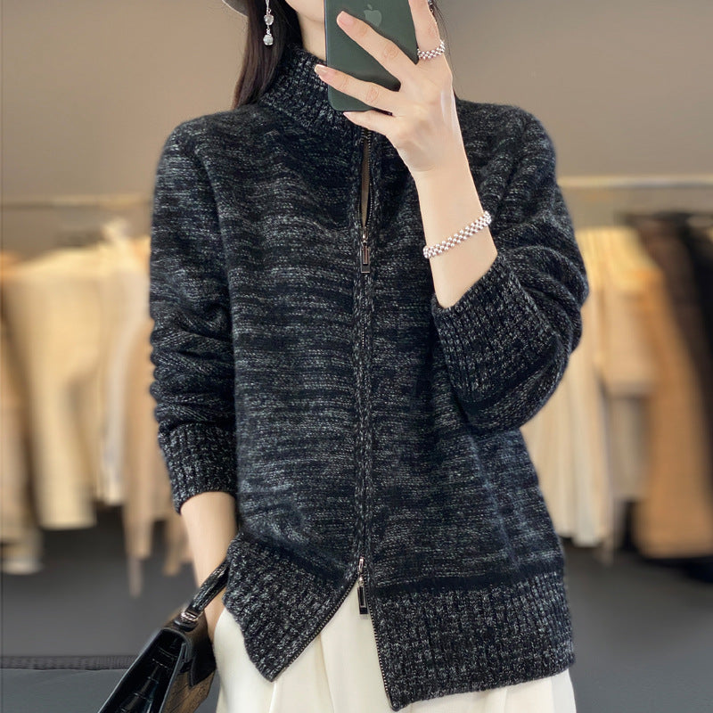 Veste en tricot pour femmes avec fermeture éclair et col montant