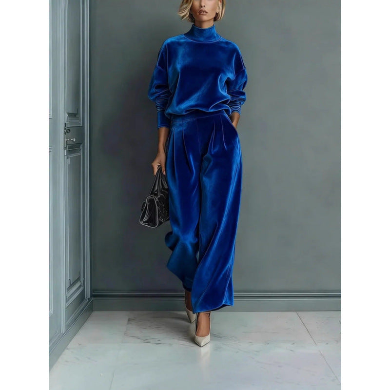 Ensemble de Loungewear en Velours à Deux Pièces pour Femmes avec Col Montant et Pantalon Palazzo Plissé Echoarchiv
