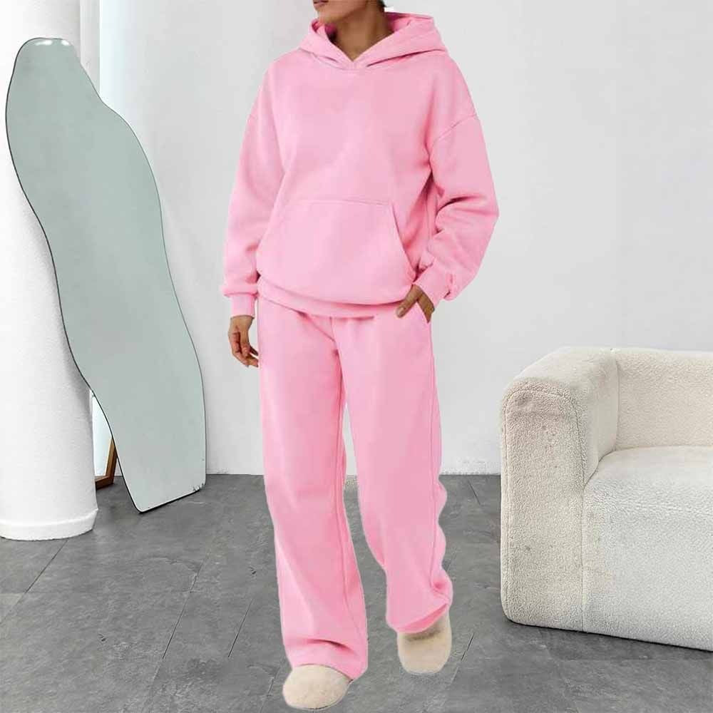 Ensemble de loisirs pour femmes en deux parties avec sweat à capuche, poche kangourou et pantalon de lounge droit en mélange de coton doux Echo Archiv