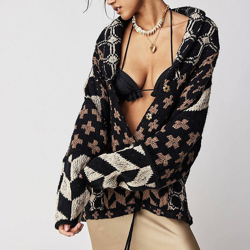 Cardigan oversized pour femmes avec col châle et motif graphique Echoarchiv