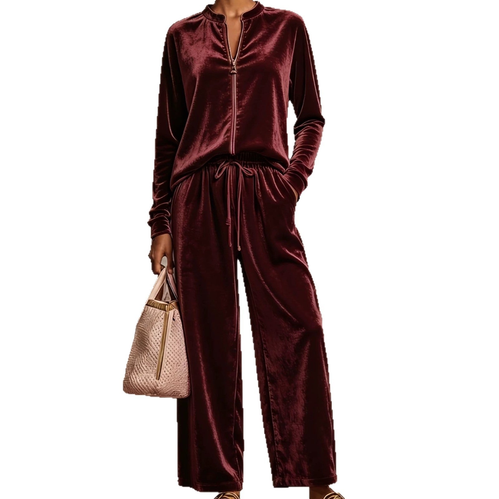 Ensemble lounge en velours pour femmes avec col montant, haut zippé et pantalon à cordon Echo Archiv