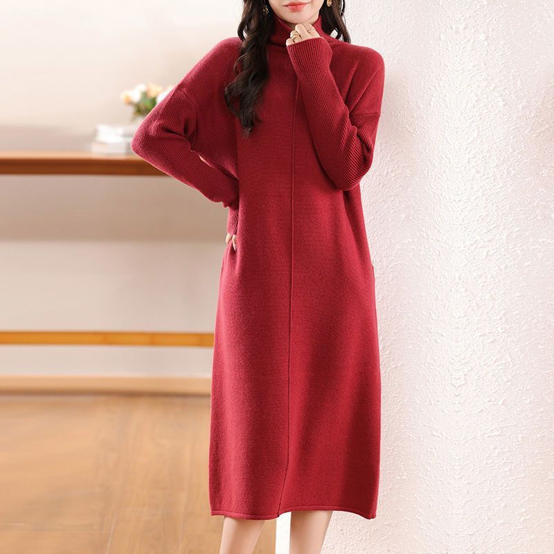 Robe Longue Tricotée pour Femme avec Col Montant et Manches Longues