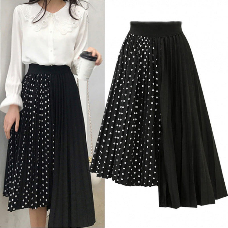 Jupe midi plissée asymétrique pour femmes avec panneau à pois et taille élastique Echo Archive