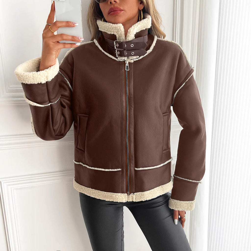 Veste en simili cuir pour femmes avec doublure en teddy et fermeture éclair